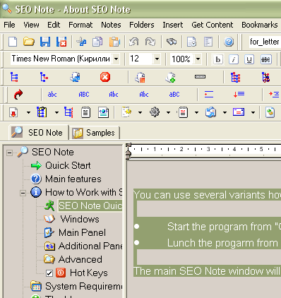 SEO Note interface details